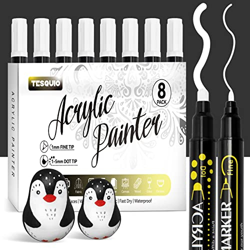 Tesquio Weiß Acrylstifte Dual Tip 8pcs weißer Stift wasserfest Marker Stifte permanent marker Weiß Stifte für Papier, Holz, Leinwand, Keramik, Steine Bemalen