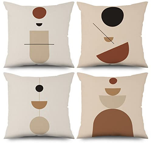 ASDCXZ Boho Kissenbezug 40x40 cm 4er Set, Modern Abstrakt Geometrie Halbkreis Beige Sofa Kissen Bezug Dekokissen Kissenbezüge Kissenhülle Waschbar Polyester Flachs Textil Outdoor Kopfkissenbezug