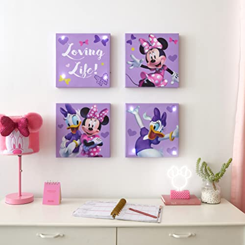 Idea Nuova Disney Minnie Mouse Canvas 4 Pack LED Wall Art Set,Childrens Wall Hanging Décor,Each Piece 11x11