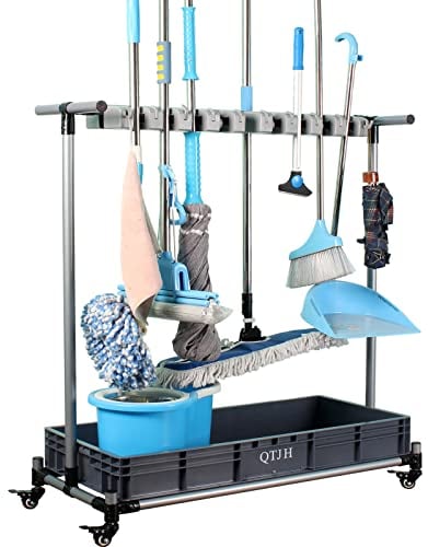 QTJH broom and mop holder put wet mops movable Commercial mop rack cleaning tool cart storage for garden garage organizer mop drain rack
