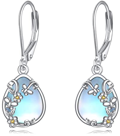 Mondstein Ohrringe für Damen - 925 Sterling Silber Mondstein Gänseblümchen Schmetterling Tropfen Leverback Schmuck Geschenke