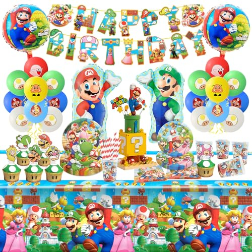 Dekewe Super Brothers 121pcs Birthday Decorations, Party Tableware Set with Plates, Cups, Napkins, Balloons, Banner & Cake Toppers for 10 Guests