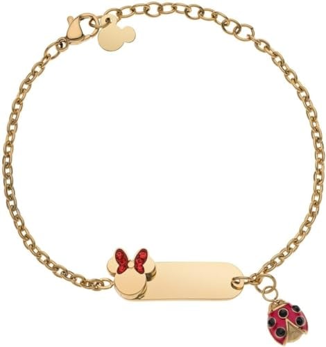 Disney Armband Lucky Minnie Edelstahlkollektion Gold, Rot Marienkäfer und Zirkonia für Mädchen und Kinder, 18cm