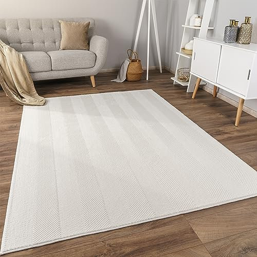 Paco Home Teppich Wohnzimmer Schlafzimmer Kurzflor rutschfest Skandinavisches Boho Design Einfarbig Geometrisch 3D Effekt Modern, Grösse:200x280 cm, Farbe:Creme