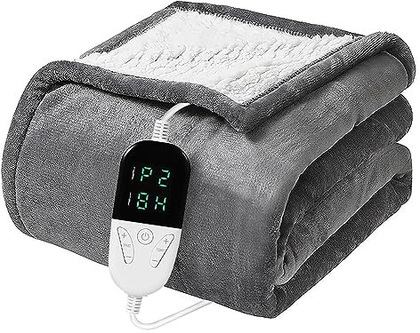Electric Blanket Heated Throw with 4 Heating Levels & Auto-Off Timing Settings,Flannel Fast Heating Blanket,Machine Washable Fleece with Digital Remote Timer Function Throw (Light gray, 130*150cm)