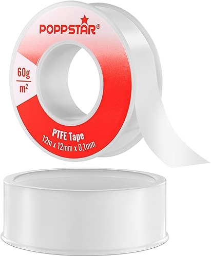 POPPSTAR Nastro di teflon DVGW 12m x 12mm x 0,1mm (nastro sigillante in PTFE da 60g/m², FRp per filettature fini, adatto per acqua potabile), 1 rotolo
