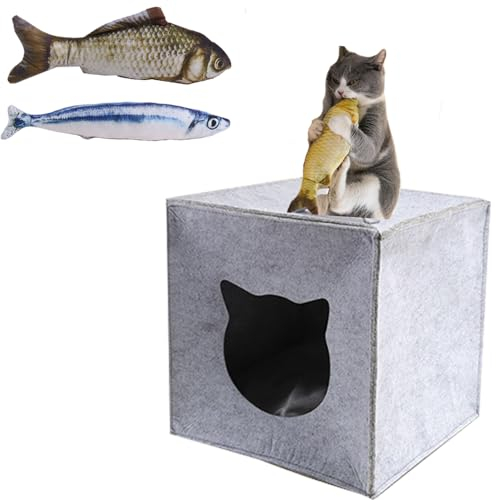 Fycooler Kattenmand incl Speelgoed - Opvouwbare Kattenmand om te Slapen,te verstoppen,te spelen en te krabben 33x33x37cm,für IKEA & Kallax Regale mit Fischspielzeug, Spielzeug mit Katzenminze