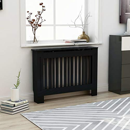 Homgoday Radiator Cover Black 112x19x81 cm MDF, Radiator Cover Grill Shelf Cabinet, Heater Covers Modern Radiators Shelf, Hallway Decorative Wall Cabinets for Living Room 1445