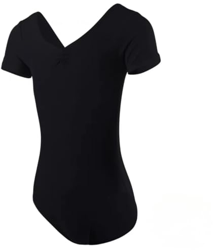 HEARTTOUCH Gymnastikanzug Mädchen Ballett Tanzbody Kurzarm Turnbody Turntrikot Gymnastik Leotard Einfarbig Ballettanzug Turnanzug Ballettkleidung (Schwarz,160)