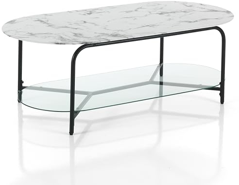 Wink Design Orval Table Basse, Verre, Marbre Blanc Mat, Transparent, Noir Mat, H42 x 120 x 60 cm