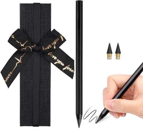 AUAUY Metall Tintenlose Bleistifte Ewig,Schwarz Infinity Pencil mit 2 Austauschbarem und 1 Geschenkbox, Ewiger Bleistift Wechselkopf für ab 3 Jahren Kinder und Erwachsene Bleistifte