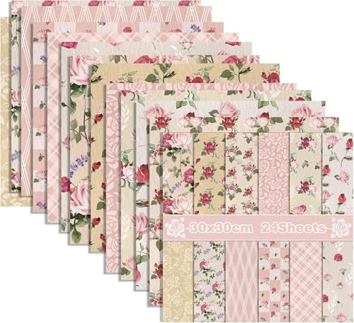 24 Blatt Scrapbook Papier Rosa Rose,12 Designs Doppelseitige Rote Rose Dekorpapier Scrapbook Craft Papier Bastelpapier,12x12Inch Craft Supplies Karte Herstellung Scrapbook Zubehör Scrapbooking Papier