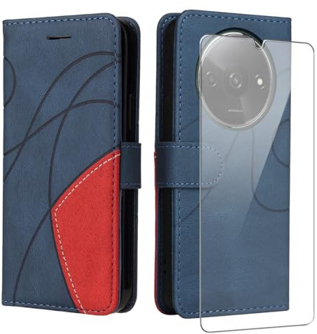 jrester Coque pour Xiaomi Redmi A3, Modèle PU Cuir à Rabat Flip Housse Étui avec Un Verre Trempé Film Protection Écran pour Xiaomi Redmi A3 - Bleu et Rouge
