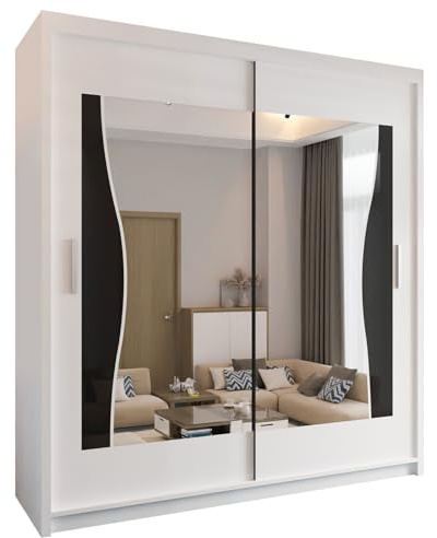 FURNITUREWAVE Modern Batumian Wardrobe Closet with Curved Mirror Double Doors, Hanging Rods, Shelves - Bedroom Storage Organizer (White, 150cm)