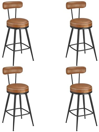 VASAGLE EKHO Kollektion - 360° drehbarer Barhocker, 4er Set, Hocker mit Rückenlehne für Kücheninsel, Kunstleder mit Nähten, Mid-Century-Modern-Stil, 65 cm hoch, Küche, Hausbar, karamellbraun LBC289K01