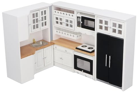 Küchenschrank für Puppenhaus, Kühlschrank, Mikrowelle, Puppenhaus-Möbel-Set aus Holz, Miniaturküche 1:12, Puppenhaus Dekoration