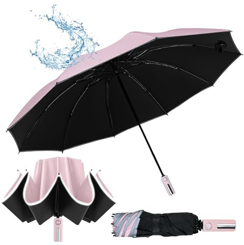 LPAMABA Regenschirm,Windproof Umbrella mit 10 Rippen, Sturmfest Faltbar Schirm Automatisch Auf Und Zu Taschenschirm Sicherheit Reflektierender Regenschirm Rosa 107cm Spannweite Reiseschirm für Damen