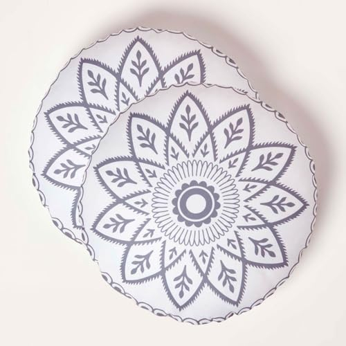 Homescapes 2er-Set runde Kissen Henna grau-weiß, Outdoor Kissen Mandala mit Füllung, Gartenkissen rund 40 cm