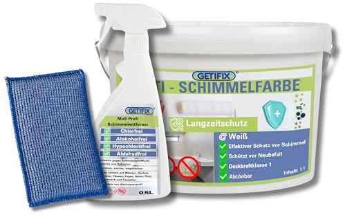 GETIFIX Schimmelentferner Spray (chlorfrei) 0,5 l + Schimmelfarbe Weiß 1 l, effektives Duo für die Schimmelentfernung und Schutz vor Neubefall, für viele Wände geeignet + Mikroborsten Schwamm