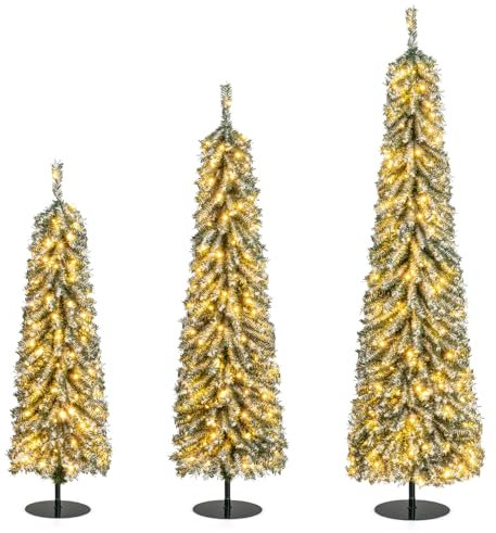 COSTWAY Albero di Natale Slim e Innevato con Luci 120/150 / 180 CM, Set di Alberi di Natale Artificiali Realistico con 216 & 302 & 505 Punte di Rami e 100 & 120 & 180 Luci LED