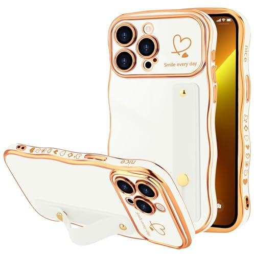 LLZ.COQUE for iPhone 13 Pro Max Case, Luxury Plating Love-Heart Wave Frame Shape Design, Adjustable Hand Strap Stand Cover, Shockproof Bumper Girls Women Phone Case for iPhone 13 Pro Max, White