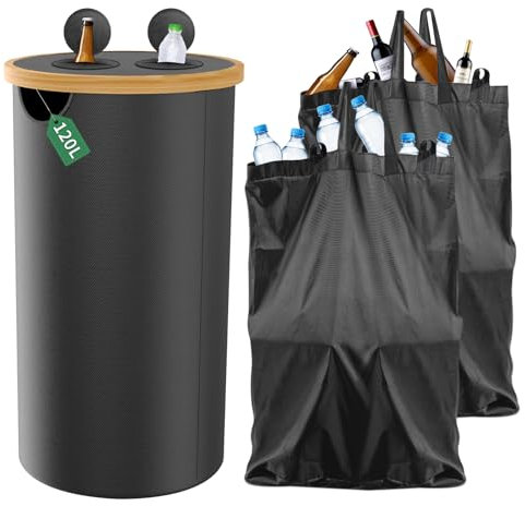 ENROSLU Pfandflaschen Aufbewahrung 2 Fächer [inkl. 2 XXL Tragetasche] Flaschensammler mit Loch mit Deckel Küche Abstellraum | Sammel-Behälter Leergut & Altglas Aufbewahrung für Pfandflaschen -Patent