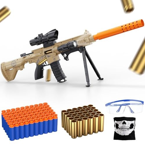 Toy Gun with Shell Ejecting, Toy Foam Blasters Guns with Soft Bullets 2 Magazines, Scope, Tactical Face Towel, Yellow