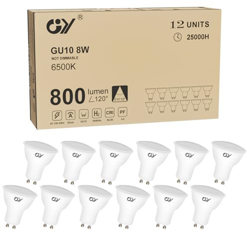 GY GU10 LED Kaltweiß Lampe, 8W 6500K 800 Lumen Kaltweiss Glühbirnen, Ersetzt 80W Halogenleuchtmittel, 120° Abstrahlwinkel Reflektor, Nicht dimmbar, 12 Stück