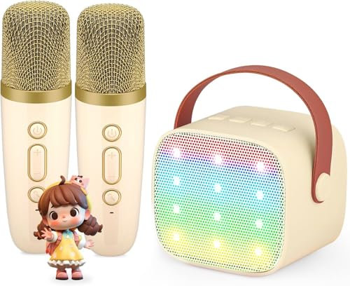 Macchina Karaoke per Bambini con 2 Microfoni Wireless - Microfono Bluetooth, Altoparlante Portatile, Cambio Voce, Luci LED, Giocattolo Musicale per Ragazze e Ragazzi, Regalo per Compleanni e Natale