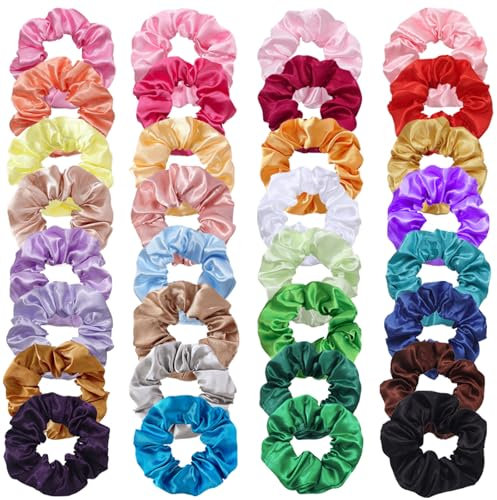 JSTHHTT 32 Stück Satin-Scrunchies für Frauen - Weicher als Seide Haarbänder und Pferdeschwanzhalter - Elastische Verlängerung Haar Zubehör