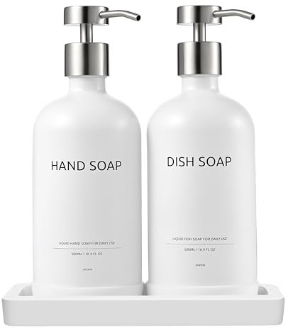Janxin 500ml Distributeur de Savon en Verre, Flacon Pompe Vide, Distributeur Shampoing, Flacons Vides en Verre, Fournitures De Cuisine, Rechargeables, avec Plateau (Flacon Blanc + tête argentée)