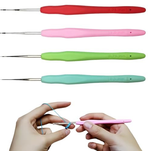 JEYORZY 4 Pzs Agujas de Ganchillo Kit, Aguja Crochet, Agujas Ganchillo 0.5, 0.75, 1, 1.25mm Ganchillos Crochet Coloridas con Mango Ergonómico Accesorios Kit de Ganchos de Ganchillo para Principiantes