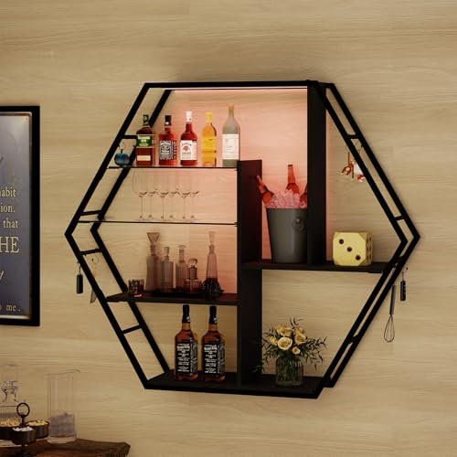 YOURLITE Bar Regal Wand, Schwebende Regale mit 7 Farben LED, Wandregal Küche mit Glasablage, mit 8 S-förmigen Haken, Wein Kaffee Bar Regal, für Spielzimmer, Wohnzimmer, Sechseckig