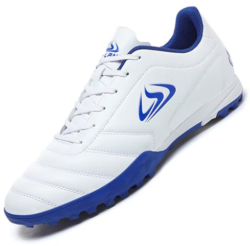 VLOOKST Boys' Football Boots Kids Girls Astro Turf Trainers Non-Slip Junior Soccer Shoes Sports Shoes Outdoor Athletic Sneakers Football Shoes Unisex M2301 White Blue 6UK
