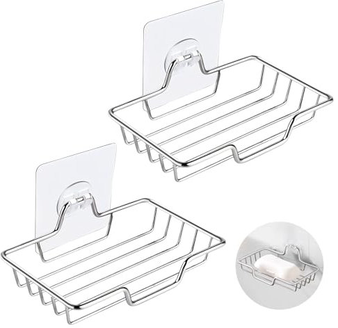 Debbery 2Pcs Strong Rustproof Stainless Steel Soap Sponge Holder, Self Adhesive Wall-mounted Soap Holder, with Hook no Drilling Required, for Shower, Bathroom, Kitchen
