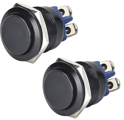 2 Pezzi 16mm Interruttore a Pulsante Momentaneo, Interruttore a Pulsante in Metallo con Terminali a Vite Acciaio Inossidabile Pulsante Rotondo con Testa rialzata Senza LED Guscio Nero