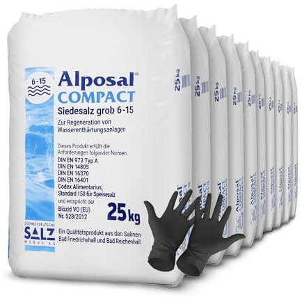Alposal Compact Broxo 6-15 Regeneriersalz Körner 250 kg Poolsalz Schwimmbadsalz Wasserenthärteranlagen inklusiv 1 Paar ARNOMED Einweghandschuh