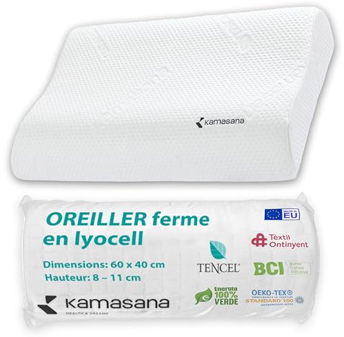 KAMASANA Oreiller Cervical en Lyocell Naturel pour dormeurs latéraux – 60 x 40 cm – Oreiller orthopédique en Mousse à mémoire de Forme – Oreiller Ergonomique et Ferme