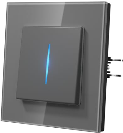 MVAVA Lichtschalter Unterputz, Lichtschalter mit Blaue Leuchtstreifen, Moderne Glas Schalter, Einfache Montage 86mm*86mm Wandschalter, 1 Fach 1 Weg Grau