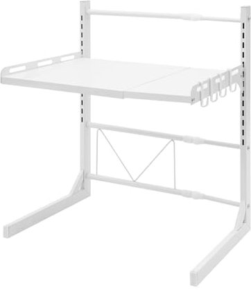 DOPBENT Estante ajustable extensible para microondas, 2 niveles para cocina, microondas, soporte para horno eléctrico, organizador de almacenamiento de cocina con 4 ganchos (blanco)