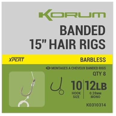 Korum 15 Banded Hair Rigs Barbless | Qty 8 | Coarse Fishing Hair Rigs for Big Fish | Strong Hooks | Heavy Line | Robust Hair Bands