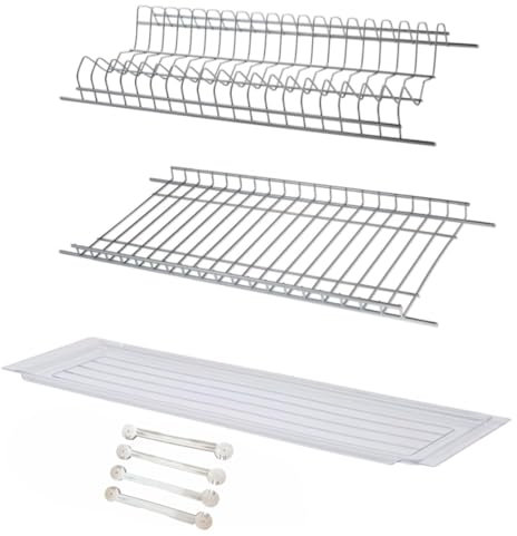 inferramenta Scolapiatti per Pensili Cucina | Kit con Griglie in Acciaio Cromato + Vaschetta Raccogligocce + Staffe | Porta Piatti e Bicchieri | Diverse Misure (86 CM PER PENSILI DA 90)