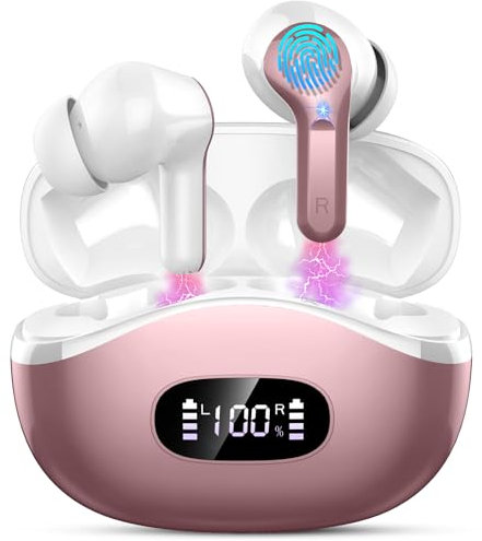 Auriculares Inalámbricos Bluetooth, Auriculares Bluetooth 5.3 HiFi Estéreo, Cascos Inalambricos con Altavoces de 14,2 mm, 40H ENC Reducción de Ruido Audifonos con 4 Mics, Pantalla LED, IP7, Oro rosa
