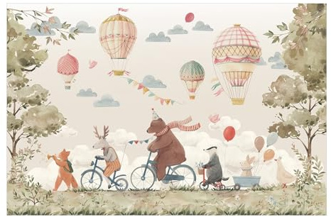 micasia Papier peint panoramique avec colle résistant aux UV animaux inodore montgolfière multicolore tapisserie murale aquarelle illustration chambre enfant bébé fille garçon 5030 (432x290cm)