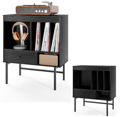 KOMFOTTEU Soporte para Tocadiscos, Mueble para Discos de Vinilo con Cajón y Compartimentos Abiertos, Mesa Auxiliar para Álbumes con Marco de Metal para Salón, Estantería para Exhibición (Negro)