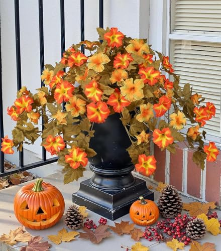 Laelfe Herbst Blumen Künstlich Outdoor, 65 cm Künstliche Petunien Hängepflanzen Herbstblumen Künstlich Herbst Seidenblumen UV Beständig für Außen Hausgarten Balkon Hof Veranda (2 Stück)