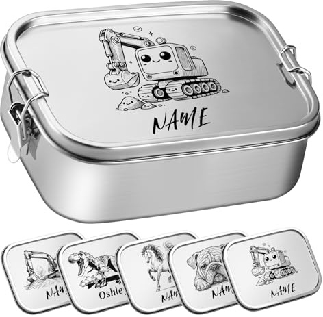 OXYEFEI Brotdose Kinder mit Fächern, Personalisierte Edelstahl Brotdose Kinder mit Namen Geschenk zur Einschulung für Jungen und Mädchen (Bagger-2, 1000 ml)