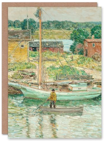 Artery8 Childe Hassam Art Card Oyster Sloop Sailboat in Cos Cob Harbour