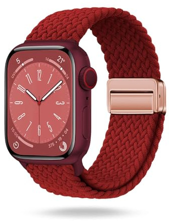 ONEFLOW Casual Loop Kompatibel mit Apple Watch SE 3 (44mm) Geflochtenes Armband Elastisch, Textil iWatch Armbänder Damen Herren, Sport Nylon Stoff Band Verschluss Magnetisch, Rot