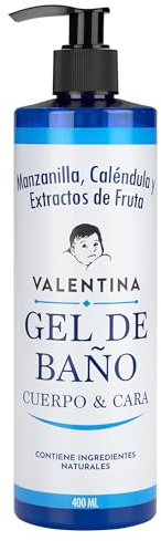 VALENTINA Gel de Baño Ideal Bebes y Niños para Cuerpo y Cara con Caléndula, Manzanilla y Extractos de Mango | Natural, Suave, Apto para Piel Sensible y Atópica | Uso Familiar, Sin parabenos (1)